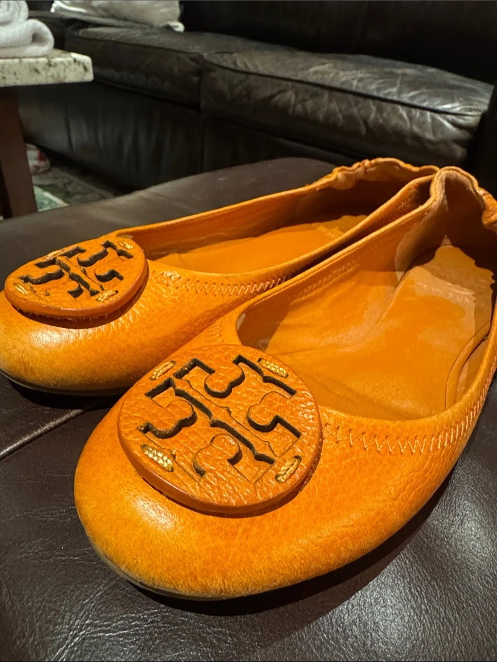 Tory Burch Bright Orange Leather Logo Ballet Flats